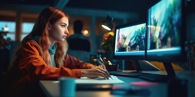 A candid female graphic designer immersed in her work meticulously selecting colors and sketching on a graphics tablet in her professional workspace Generative AI