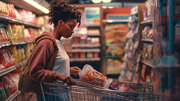 Candid foto van een Afro-Amerikaanse vrouw die verpakkte goederen koopt in de supermarkt met een winkelwagentje Generatieve AI