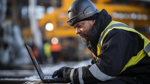 Foto candid foto van een fabrieksarbeider bij een olieraffinaderij met behulp van een laptop computer