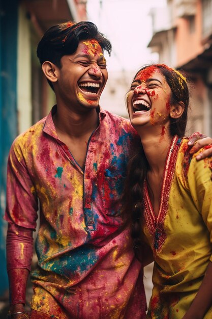 Photo a candid moment of indian friends laughing and smearing color on each others faces