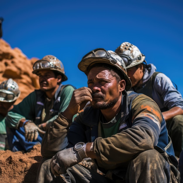 Photo candid moment of miners taking a break in a copper mine