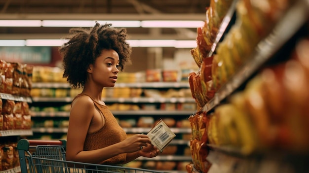 Candid photo of an African American woman shopping for packaged goods at the grocery store with a shopping cart Generative AI