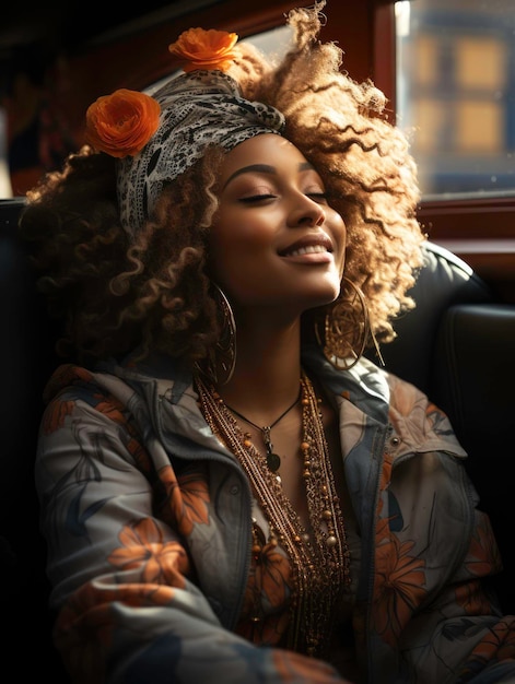 Candid photo of a black lady smiling and enjoying a cup of coffee Generated by AI