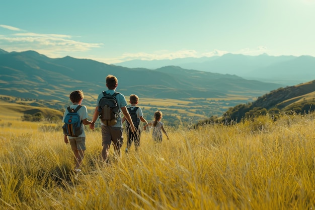 A candid photo of a family and friends hiking together Ai generative