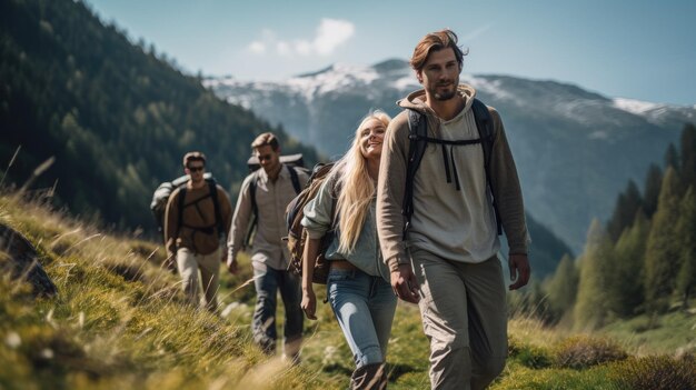 A candid photo of a family and friends hiking together in the mountains in the vacation trip week sw