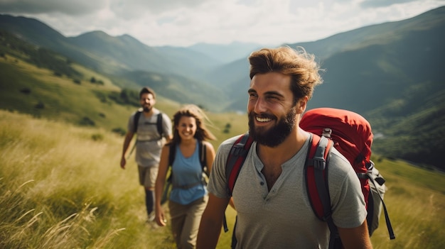 A candid photo of a family and friends hiking together in the mountains in the vacation trip week sw