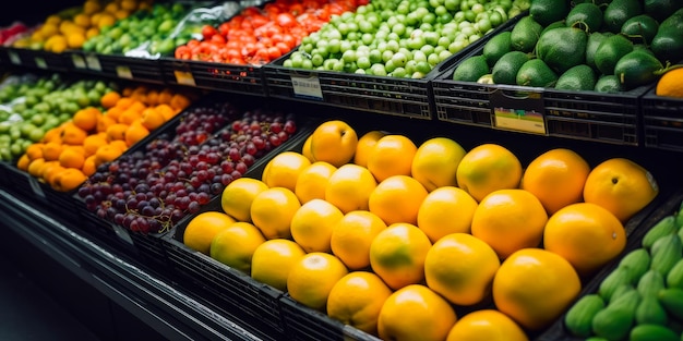 Foto una sezione di prodotti di un negozio di alimentari piena di frutta e verdura