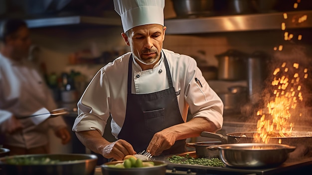 A candid portrait of a chef cooking in a kitchen with a blurry backdrop of the restaurants dining