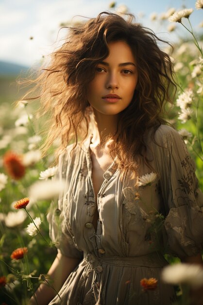 Photo candid portrait of a woman in a field of wildflowers