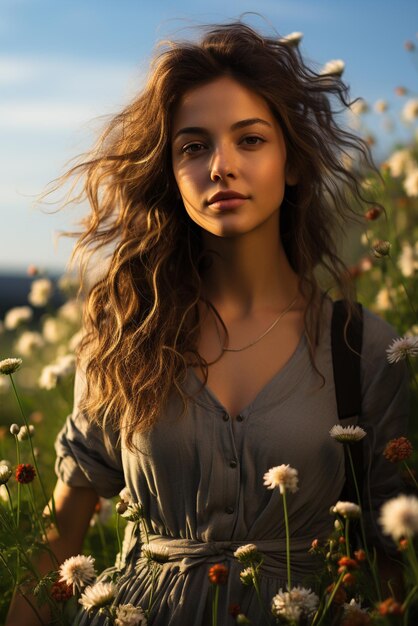 Candid portrait of a woman in a field of wildflowers