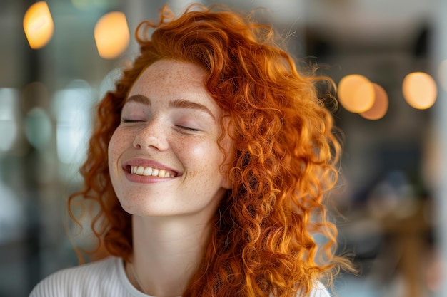 A candid portrait of a woman with curly red hair and freckles her eyes closed in laughter exuding happiness and carefree energy