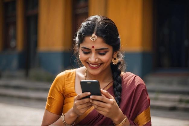 Candid portrait of young adult Indian woman smiling and looking at mobile phone on the street
