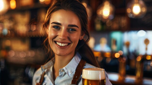 Candid shot of beautiful brunette waitress smiling and holding a tasty pint of beer