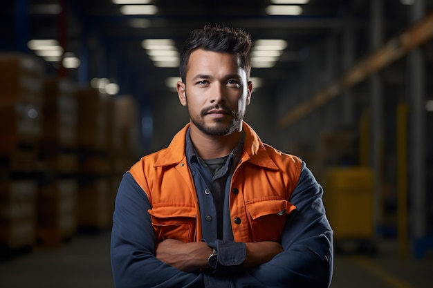 Candid shot of a confident Hispanic male factory worker with arms crossed industrial construction i