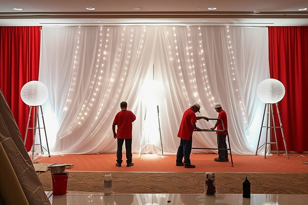 Photo candid shot of event staff or volunteers adding finishing touches to the decor