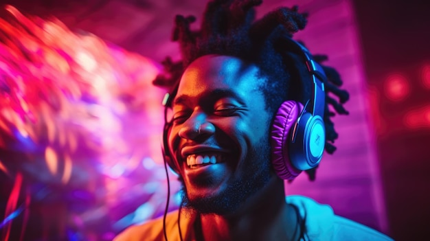 Candid shot of an excited young african man party with headphones beautiful generative ai aig32