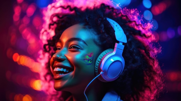 Candid shot of an excited young african woman party with headphones beautiful Generative AI AIG32