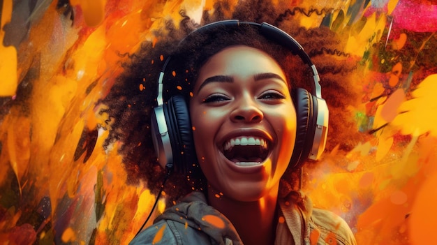 Candid shot of an excited young african woman party with headphones beautiful generative ai aig32