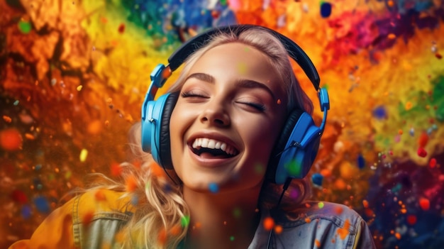 candid shot of an excited young scandinavian woman party with headphones beautiful Generative AI AIG32