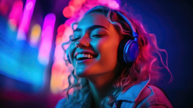 candid shot of an excited young scandinavian woman party with headphones beautiful Generative AI AIG32