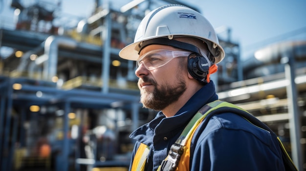 A candid shot of a factory worker in an oil refinery using a laptop computer for maintenance work