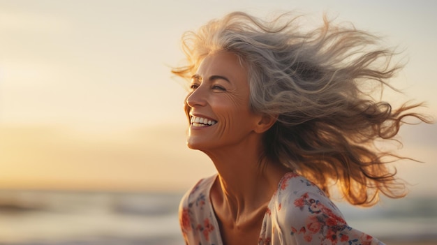 Candid shot of happy senior woman on beach during sunset lifestyle concept