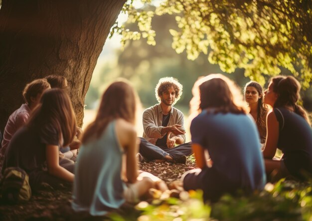 A candid shot of a lecturer leading a group discussion outdoors with students sitting on the grass