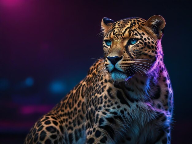 Photo candid shot of leopard with cyberpunk neon blur background ai generative