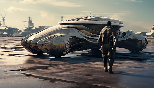 Candid shot of a man standing near a futuristic style vehicle