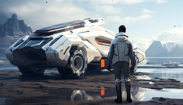 Candid shot of a man standing near a futuristic style vehicle