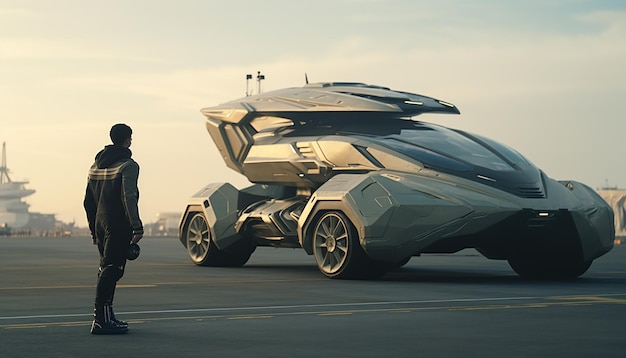Candid shot of a man standing near a futuristic style vehicle