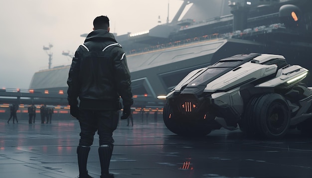 Candid shot of a man standing near a futuristic style vehicle