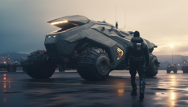 Candid shot of a man standing near a futuristic style vehicle