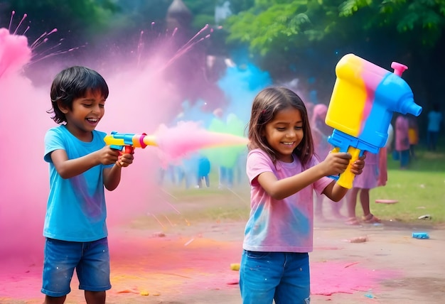 Candid shot of people playfully throwing colored