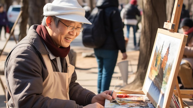 A candid shot of a person painting on a park bench mental health images photorealistic illustration