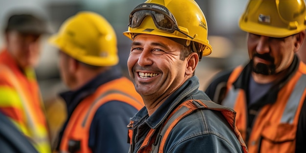 candid shot Photo with a team construction worker standing with construction site