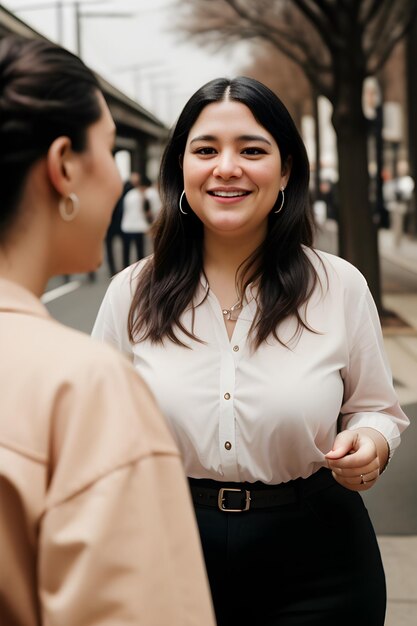 Foto candid shot plus size manager interactie met teamlid