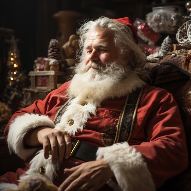 A candid shot of Santa Claus enjoying a moment of relaxation sipping cocoa in his cozy North Pole