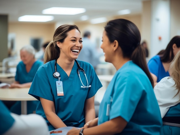 Candid shot of two nurses laughing and talking in a hospital showcasing positivity