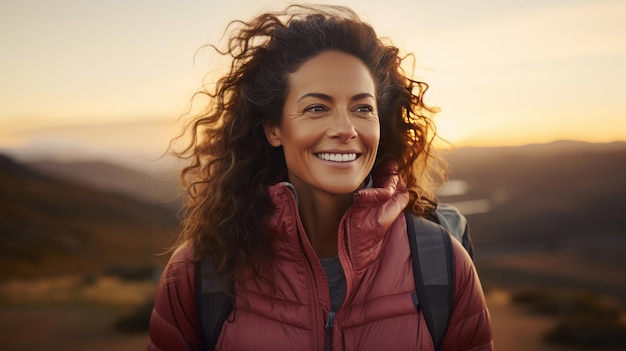 Candid shot of woman smiling during hike sunset or sunrise