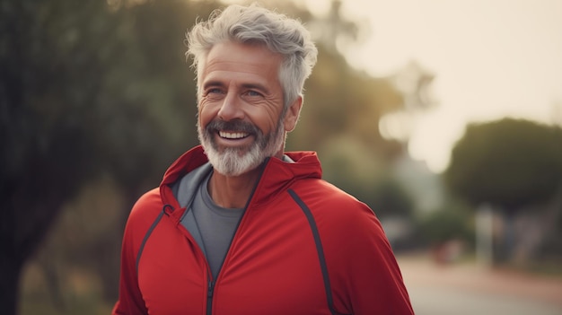 Photo candid smiling 60 yo man in a sport wear jogging outdoor