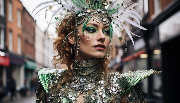 A candid street portrait of a person in an elaborate St Patricks Day costume