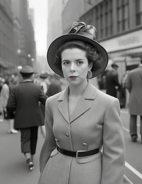 Photo candid street portrait of a stylishly dressed woman in midcentury