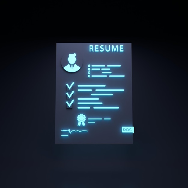 Candidate resume neon icon Personnel search concept 3d render illustration