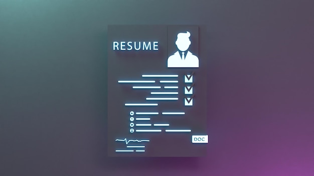 Неоновая иконка резюме кандидата Концепция поиска персонала 3d визуализация иллюстрации