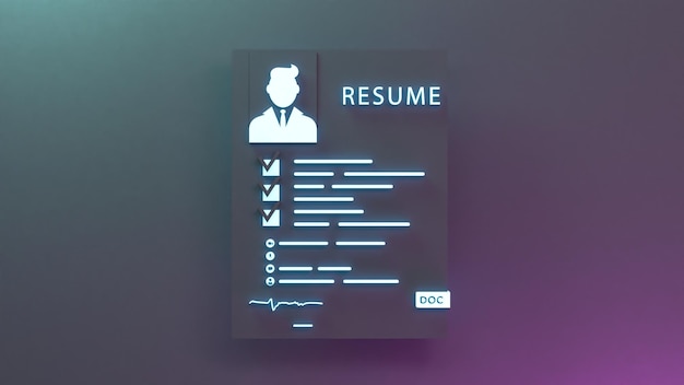 Candidate resume neon icon Personnel search concept 3d render illustration