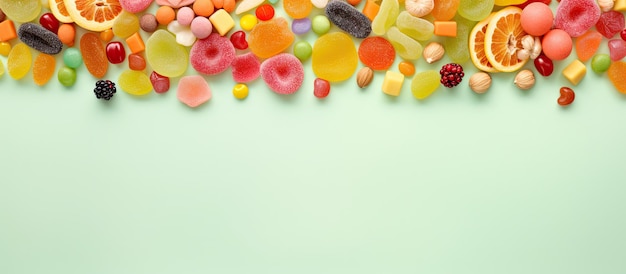 Candied fruits of various colors set against a isolated pastel background copy space