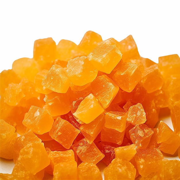 Candied orange cubes on white