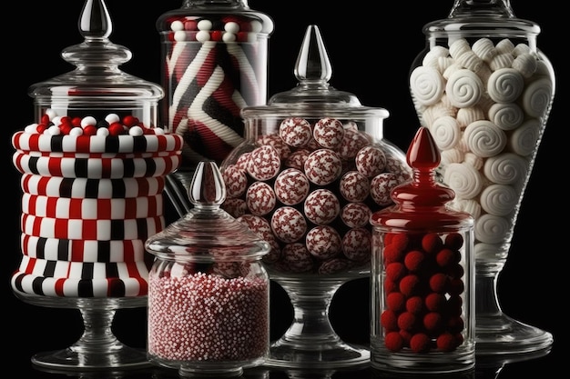 The candies are displayed in apothecary jars creating the illusion of a candy buffet