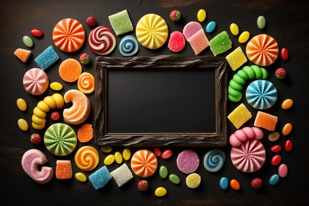 Candies in a rainbow of hues set on a black timber frame